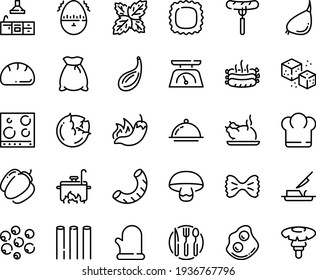 Food line icon set - chief hat, sausage on fork, hot pepper, chinese chicken, omelette, butter knife, refined sugar, roasted sausages, kitchen, cooking glove, dish dome, spoon plate, scales, bread