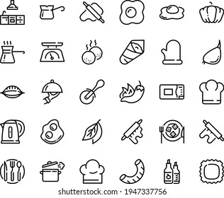 Food line icon set - chief hat, hot pepper, temaki, dough and rolling pin, pizza roll knife, ketchup, omelette, dish dome, cheese plate, turkish coffee, meatballs, chef, cooking pan, kitchen, glove