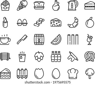 Food line icon set - chief hat, french fries, hot tea, lunch box, cheese, olive oil, ice cream, coffee cup, pretzel, croissant, dog, irish, ribs, kettle, chef knife, egg, broaken, stand, rolling pin