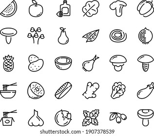 Food line icon set - chinese pasta, funchose, lemoncello, olives, potato, peas, cabbage, arugula, onion, bell pepper, eggplant, salad leaf, watermelon, coconut, pear, kiwi, apple fruit, pineapple
