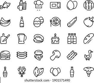 Food line icon set - clam, oyster, lobster, chef hat, sausages, burger, champagne, cheese plate, goose, coffee pot, fish, knife board, fork spoon, microwave oven, egg, eggs, easter, drinks, bread