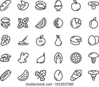 Symbol für die Lebensmittelkette - Muschel, Austern, Sashimi, Tempaki, Käse, Buttermesser, Fischsteak, Ei, Stall, Broaken, Brot, Kohl, Pfannkuchen, Knoblauch, Zitrusfrüchte, Pflaumen, Birne, Melone, Apfelobst, Tangerin