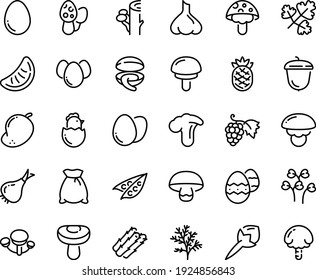 Food line icon set - clam, grape, acorn, egg, chick, eggs, easter, flour bag, asparagus, peas, onion, mango, slice of tangerine, pineapple, cloves, garlic, dill, parsley, cress, shiitake, agaric