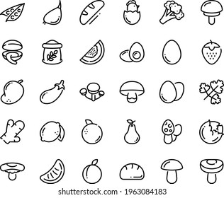 Food line icon set - clam, egg, chick, yolk, bread, flour bag, peas, cabbage, broccoli, eggplant, garlic, strawberry, plum, lemon, pear, melon, orange, mango, slice of tangerine, ginger, parsley