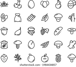 Food line icon set - clam, olive oil, grape, acorn, egg, broaken, eggs, easter, bread, flour bag, asparagus, peas, garlic, cherry, strawberry, orange, apple seeds, pineapple, ginger, vanilla, dill