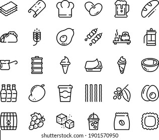 Food line icon set - coffee to go, chief hat, spike, beer, tacos, ice cream horn, tea ceremony, pate can, iced, turkish, tree, pack, refined sugar, kebab, eggs yolk, french press, bread, keg, barrel