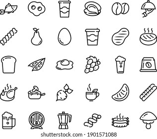 Food line icon set - coffee to go, fish, oyster, green tea, pot, beer barrel, fried chicken, baguette, dish dome, julienne, beans, capsule, roasted sausages, cutlet, steak, egg, omelette, cup, foam