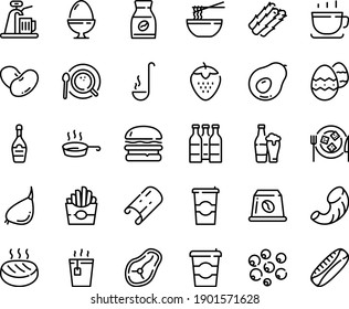 Food Line Icon Set - Coffee To Go, Burger, French Fries, Hot Tea, Funchose, Cup, Champagne, Cheese Plate, Top View, Instant, Capsule, Cutlet, Steak, Pan, Ladle, Egg Stand, Easter, Beer Bottle, Tap