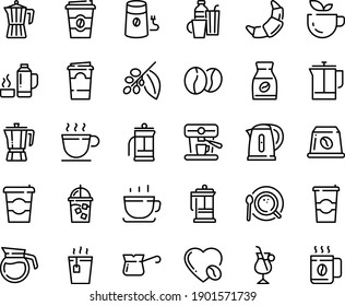 Food line icon set - coffee to go, green tea, hot, pot, cup, croissant, french press, iced, mill, top view, turkish, tree, instant, irish, love, machine, beans, capsule, kettle, drinks, thermo flask