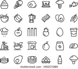 Food line icon set - coffee to go, milk bottle, fish, chef hat, ice cream, pot, salami, cupcake, pancakes, coffe maker, pack, ribs, roasted sausages, sowbelly, egg, eggs yolk, chick, omelette, plum
