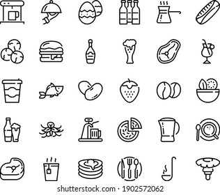 Food line icon set - coffee to go, salad, pizza, hot tea, fish, burger, beer glass, champagne, dish dome, pancakes, coffe maker, top view, irish, beans, pot, meat, steak, fork spoon knife plate, tap