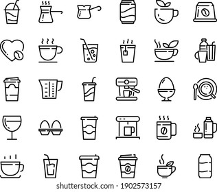 Food line icon set - coffee to go, green tea, drink, hot, cup, wine glass, cocktail, coffe maker, top view, turkish, love, machine, capsule, beaker, egg stand, drinks, thermo flask, soda, paper