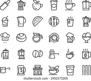 Food line icon set - coffee to go, beer, cafe, green tea, hot, french dog, chef hat, calsone, pot, ice cream, cocktail, press, cup, top view, turkish, beans, fork spoon knife plate, cheesecake