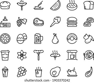 Food line icon set - coffee to go, meat, burger, burito, sausage on fork, donut, hot tea, chinese chicken, grape, bread, cheese plate, bakery, butter knife, coffe maker, cutlet, wing, kitchen, pear