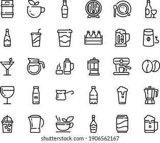 Food line icon set - coffee to go, green tea, milk bottle, drink, pot, wine, beer box, barrel, champagne, glass, french press, iced, mill, top view, turkish, machine, beans, thermo flask, cocktail