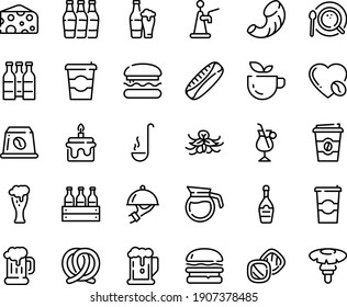 Food Line Icon Set - Coffee To Go, Burger, Beer, Green Tea, Cheese, Mug, Pretzel, Glass, Champagne, Dish Dome, Top View, Irish, Love, Capsule, Ladle, Pot, Cake, Cookies, Bottle, Box, Tap, Bottles