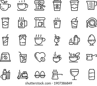 Food Line Icon Set - Coffee To Go, Green Tea, Hot, Drink, Ceremony, Cup, Wine Glass, Cocktail, Coffe Maker, Top View, Turkish, Irish, Love, Machine, Capsule, Beaker, Egg Stand, Drinks, Thermo Flask