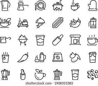 Food line icon set - coffee to go, green tea, hot pepper, french dog, ceremony, pot, cup, dish dome, coffe maker, top view, turkish, capsule, bbq, chicken wing, cooking glove, press, thermo flask