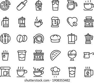 Food line icon set - coffee to go, beer, cafe, shop, pizza, hot tea, french dog, green, chef hat, calsone, cup, bread, ice cream, press, coffe maker, iced, top view, pot, turkish, love, beans, paper