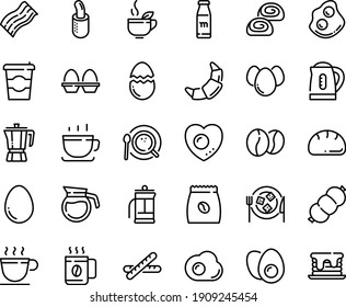 Food line icon set - coffee to go, green tea, pot, cup, omelette, croissant, cheese plate, french hot dog, bakery, top view, pack, beans, sausage, sowbelly, egg, stand, broaken, eggs yolk, love