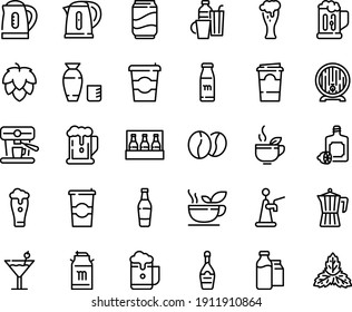 Food line icon set - coffee to go, beer, green tea, rice vodka, lemoncello, milk tank, barrel, glass, champagne, pot, machine, beans, bootle and pack, kettle, drinks, cocktail, soda, bottle, mug