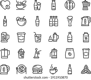 Food line icon set - coffee to go, milk bottle, green tea, burger, tank, beer glass, cheese plate, iced, french press, pot, love, pack, fork spoon knife, kettle, thermo flask, champagne, mug, wine