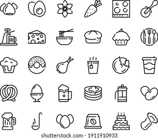 Food line icon set - coffee to go, cupcake, donut, hot tea, funchose, cheese, pizza roll knife, bread, beer mug, pretzel, meringue, pancakes, capsule, fork spoon plate, ladle, stove top view, foam