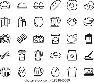 Food line icon set - coffee to go, dish dome, dim sum, cheese, pot, bread, french press, butter knife, top view, pack, milk bootle and, sowbelly, fork spoon plate, kettle, broaken egg, stand, yolk