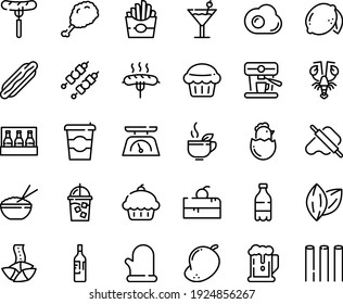 Food line icon set - coffee to go, cherry cake piece, cupcake, beer, milk bottle, hot dog, french fries, sausage on fork, fried chiken leg, rice bowl, fortune cookie, green tea, lobster, iced, kebab