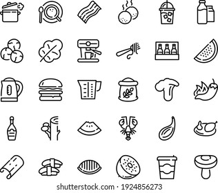 Food line icon set - coffee to go, watermelon piece, burger, hot pepper, sashimi, lobster, fork with pasta, champagne, iced, top view, machine, milk bootle and pack, chicken, sowbelly, meatballs