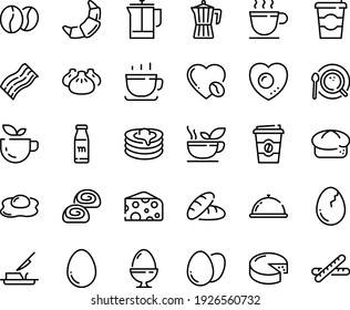 Food line icon set - coffee to go, dish dome, bread, green tea, dim sum, cheese, cup, croissant, bakery, pancakes, butter knife, french press, top view, pot, love, beans, sowbelly, egg, stand