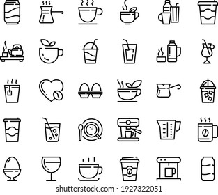 Food line icon set - coffee to go, green tea, drink, hot, ceremony, cup, wine glass, cocktail, coffe maker, iced, top view, turkish, irish, love, machine, beaker, egg stand, drinks, thermo flask