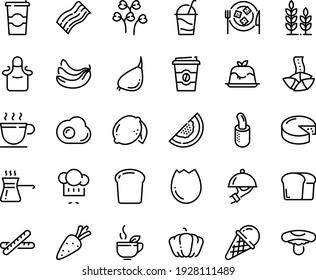 Juego de iconos de línea de comida - café a ir, galleta de la fortuna, té verde, sombrero de chef, panna cotta, helado, cúpula de plato, queso, cóctel, plato, perrito francés, taza, vientre asquerosa, delantal, huevo brocado, tortilla, trigo