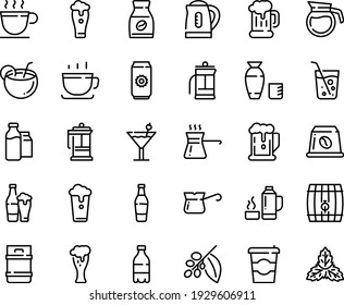 Food line icon set - coffee to go, beer, milk bottle, rice vodka, cup, mug, glass, french press, turkish, tree, instant, capsule, bootle and pack, pot, kettle, thermo flask, cocktail, coconut, soda