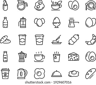 Food line icon set - coffee to go, dish dome, bread, milk bottle, hot tea, cheese, cup, omelette, croissant, french dog, butter knife, top view, pot, sausage, egg, stand, eggs yolk, press, turkish
