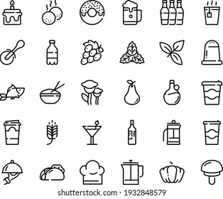 Food line icon set - coffee to go, spike, milk bottle, tacos, donut, hot tea, rice bowl, fish, basil, pizza roll knife, olive oil, dish dome, french press, meatballs, chef hat, cocktail, wine, cake