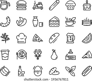 Food line icon set - coffee to go, pizza piece, beer, bread, burger, tea ceremony, rice vodka, lobster, basil, wine, cheese plate, ribs, roasted sausages, chef hat, kitchen, egg timer, pot, green