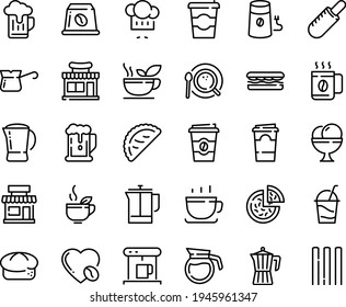 Food line icon set - coffee to go, beer, cafe, sandwich, shop, pizza, french hot dog, green tea, chef hat, calsone, cup, bread, ice cream, cocktail, coffe maker, press, mill, top view, pot, turkish