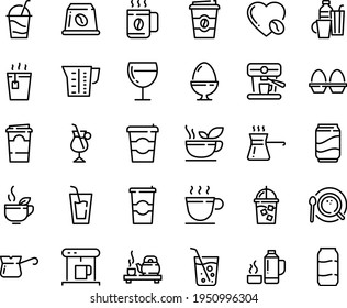 Food line icon set - coffee to go, drink, hot tea, ceremony, green, wine glass, cocktail, cup, coffe maker, iced, top view, turkish, irish, love, machine, capsule, beaker, egg stand, drinks, soda