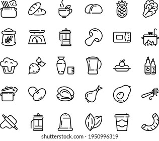 Food line icon set - coffee to go, bread, oyster, green tea, rice vodka, dough and rolling pin, fork with pasta, in pan, ketchup, charlotte cake, french press, pot, cooking, microwave oven, cupcake