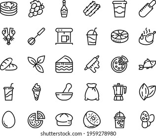 Food line icon set - coffee to go, bread, pizza, drink, french hot dog, ice cream, fish, lobster, basil, pot, fried chicken, champagne, cocktail, pancakes, coffe maker, iced, rolling pin, whisk, egg