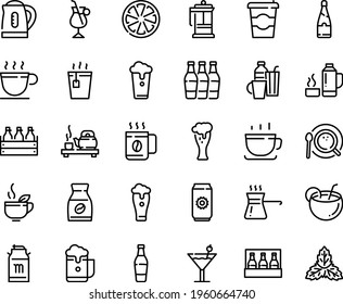 Food line icon set - coffee to go, hot tea, ceremony, green, cup, beer box, milk tank, glass, french press, top view, instant, irish, drinks, turkish, kettle, thermo flask, cocktail, champagne, pack