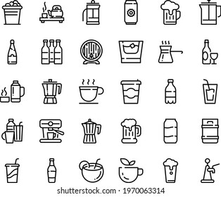 Food line icon set - coffee to go, green tea, milk bottle, drink, ceremony, pot, wine, beer mug, barrel, cup, french press, machine, drinks, turkish, thermo flask, champagne, coconut cocktail, keg