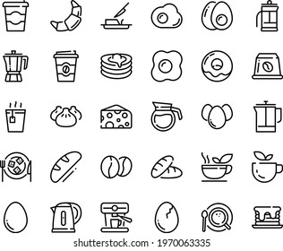 Food line icon set - coffee to go, bread, green tea, hot, dim sum, cheese, pot, donut, croissant, plate, pancakes, butter knife, french press, top view, machine, beans, capsule, kettle, egg, broaken
