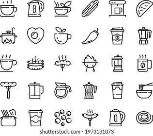 Food line icon set - coffee to go, green tea, hot dog, sausage on fork, funchose, calsone, pasta in pan, pot, cup, french press, coffe maker, roasted sausages, bbq, kettle, cooking, love egg, paper