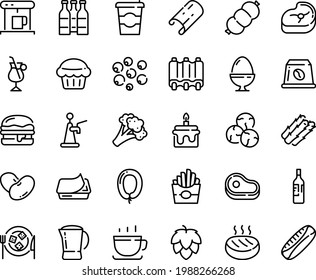 Food line icon set - coffee to go, meat, french fries, cup, burger, pate can, sausage, cheese plate, coffe maker, irish, capsule, pot, cutlet, ribs, egg stand, wine bottle, cake, muffin, beer, hop