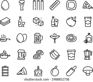 Food line icon set - coffee to go, pizza piece, beer, french hot dog, lemoncello, pot, wine, sausage on fork, glass, baguette, bakery, julienne, refined sugar, ribs, pan, egg, mug, cake, keg, tomato