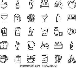 Food line icon set - coffee to go, milk bottle, tea ceremony, green, rice vodka, pot, beer box, barrel, wine glass, french press, tree, irish, beans, kettle, cocktail, soda, champagne, coconut, pack
