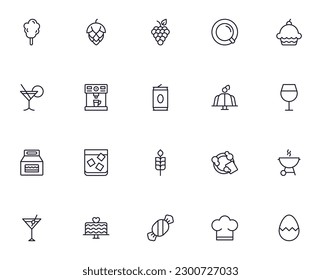 Food line icon set. Collection of outline sign for web design, mobile app, etc. Black line icon of fruit, vegetables, meat, candy, cake. 