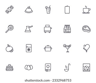 Food line icon set. Collection of outline sign for web design, mobile app, etc. Black line icon of fruit, vegetables, meat, candy, cake. 